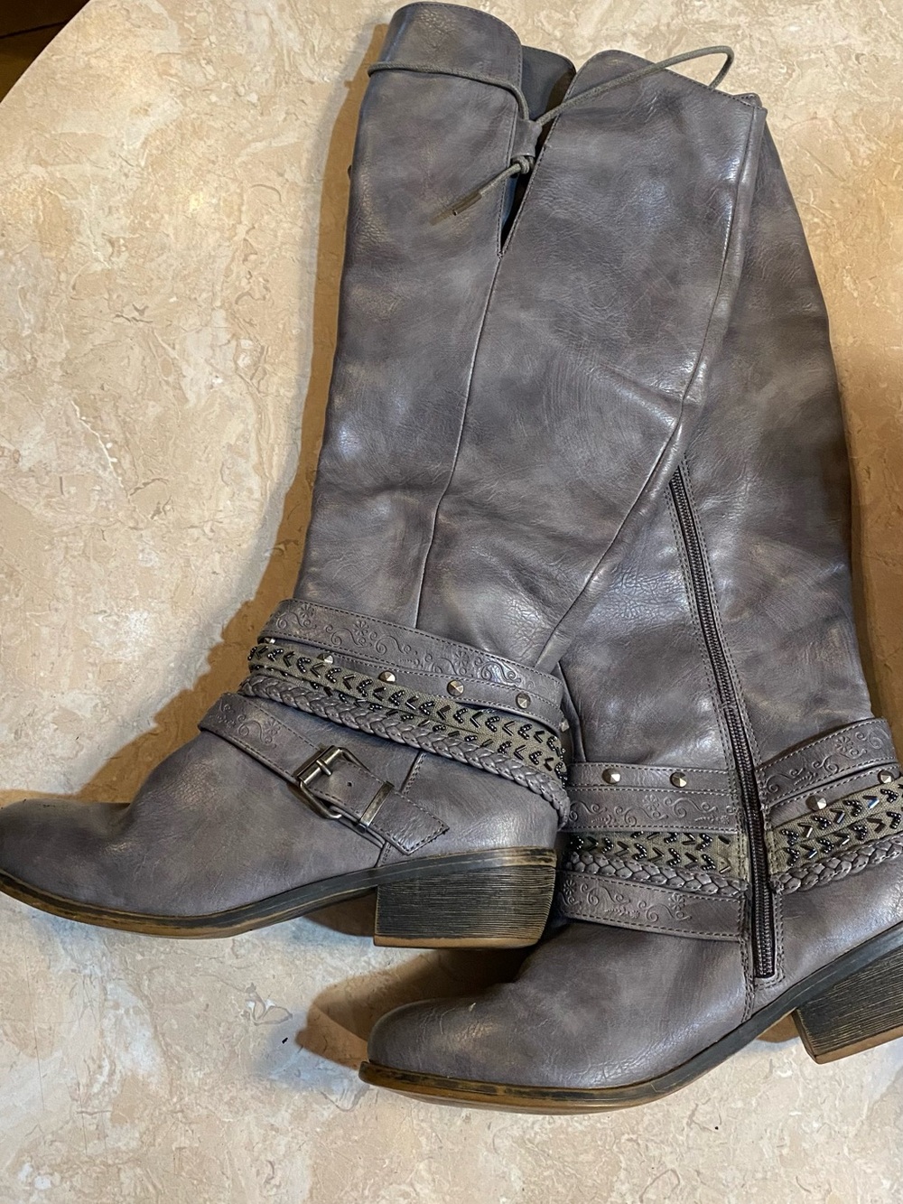 SO Gray Braided Strap Mid-Calf Heeled Riding Boots